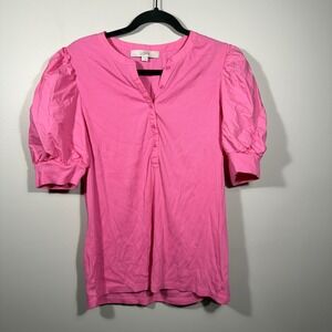 LOFT Pink Puff Short Sleeve Button Down Ribbed Knit‎ Top Blouse